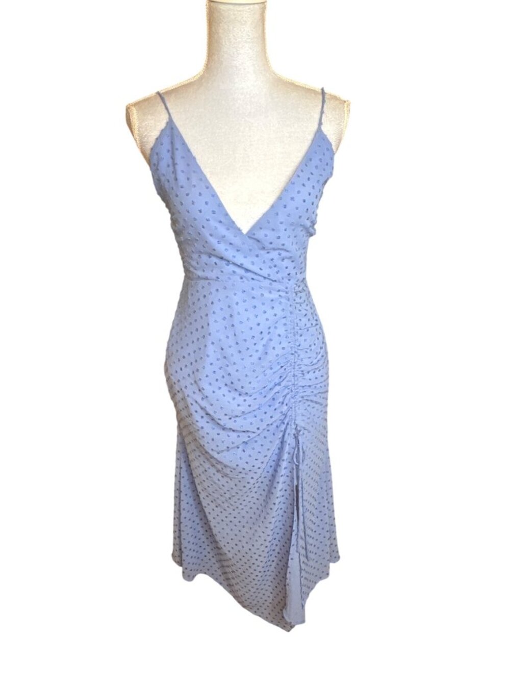 NBD REVOLVE Size S Periwinkle Ruched Spaghetti Strap Midi Handkerchief Hem